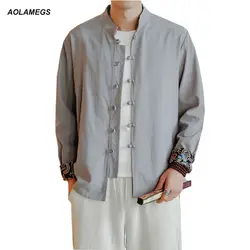 Aolamegs китайский стиль льняная рубашка мужская униформа пальто кардиган куртки воротник-стойка Национальный Стиль Повседневная мода