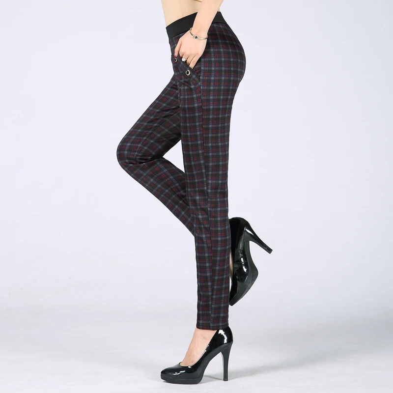 Новые модные женские брюки-карандаш среднего возраста на весну, осень и зиму с эластичной высокой талией, женские офисные клетчатые брюки для мам