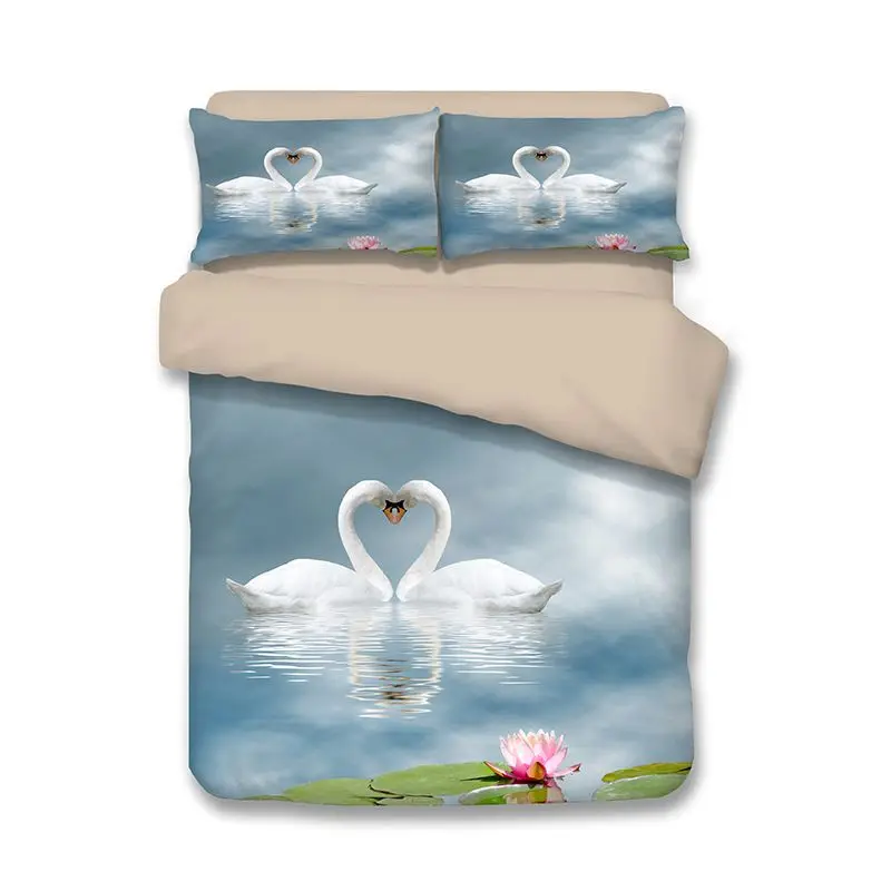

white swan comforter set printed bed linen blue duvet cover single twin queen king size 3/4PC soft home textile kid