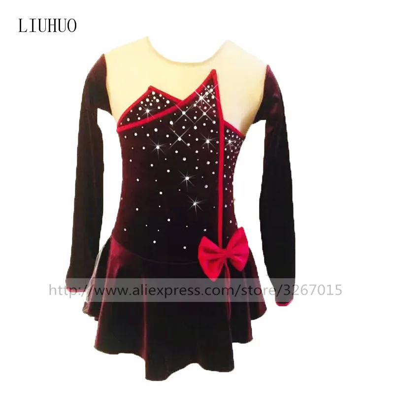 

Figure Skating Dress Women's Girls' Ice skating Dress Wine red round neck long sleeve Red stripes Bow tie Pure hand-made diamond