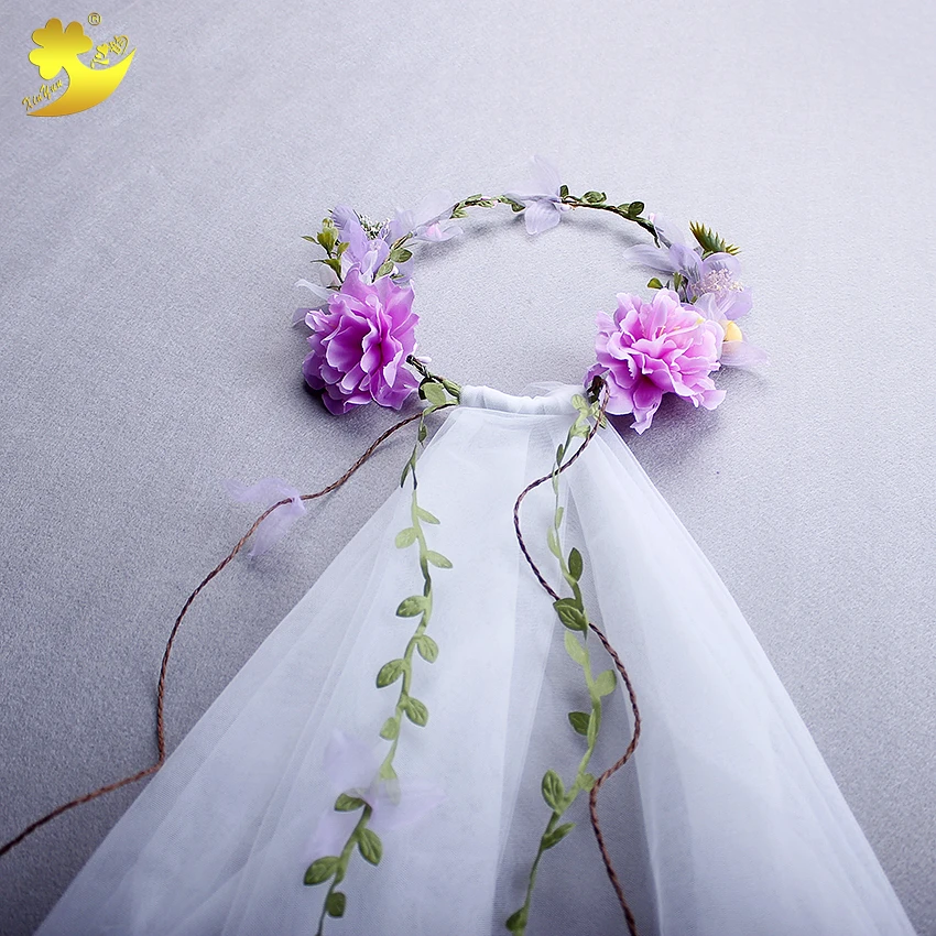 Xinyun фиолетовый цветок пиона Венок головной убор Гипсофила Сушеные цветок вуаль свадебные аксессуары для волос Для женщин венок оголовье