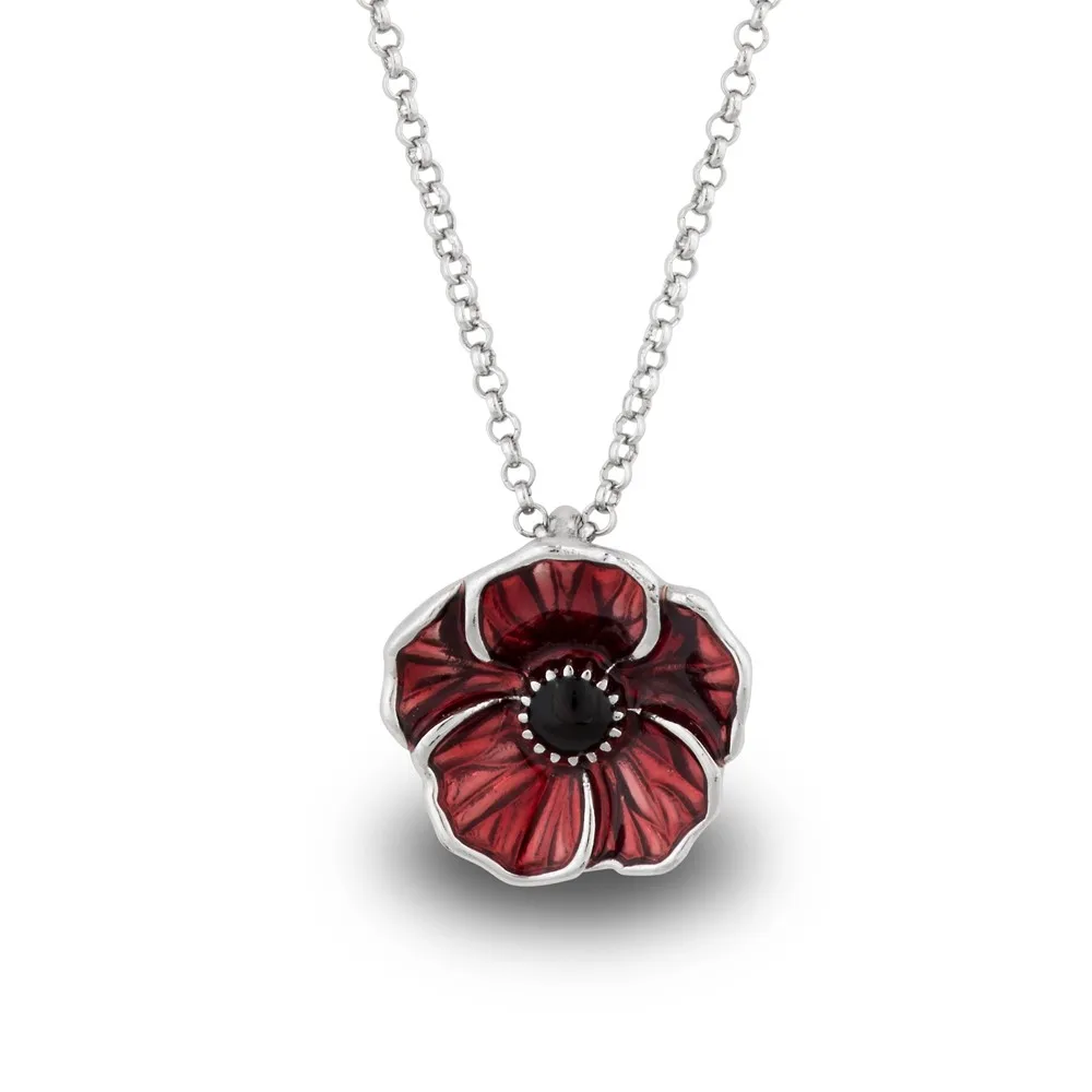 

White Gold Red Enamel 5 Petal Floral Poppy Necklace
