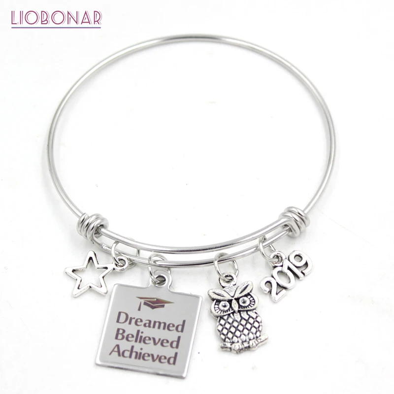 

1PC Stainless Steel Jewelry Adjustable Wire Bangle owl star 2019 dreamed believed achieved Charm Bracelets for graduaters gifts