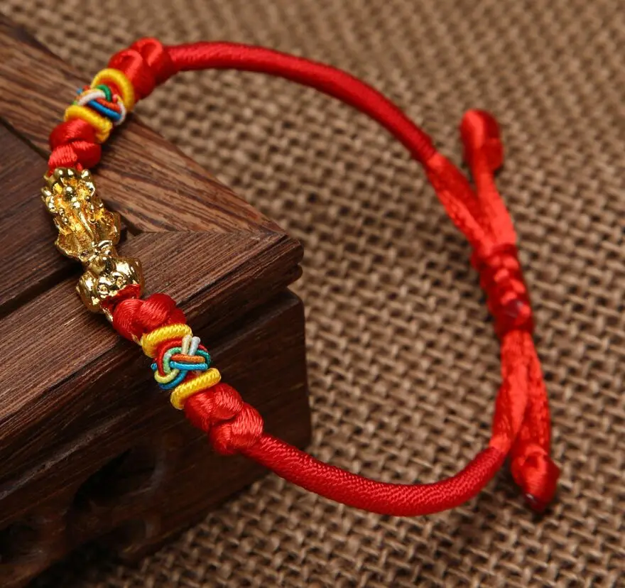 

Imitation Gold Pixiu Transfer Lucky Beads Bracelet Female 3D Hard Gold Hand Knotted Red Rope Sand Gold Lovers Jewelry