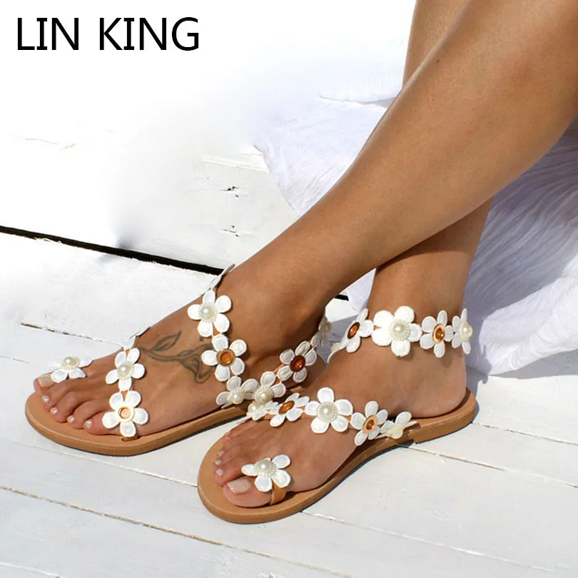 

LIN KING Plus Size Vintage Floral Women's Sandals Slip On Rome Flats Sandals Fashion Anti Skid Summer Shoes Casual Beach Shoes