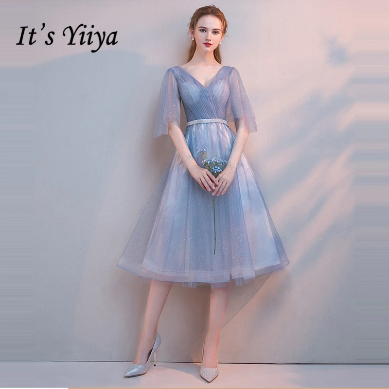 

It's Yiiya Prom Dresses Girls V-Neck Half Sleeve Prom Gowns Bling Sequined Elegant Party Dresses Formal Dresses LX1041