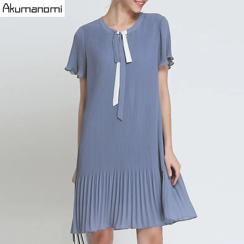 Летнее шифоновое драпированное платье женская одежда синее плиссированное платье с круглым вырезом и коротким рукавом размера плюс 5XL 4XL 3XL 2XL XL L M - Цвет: Синий