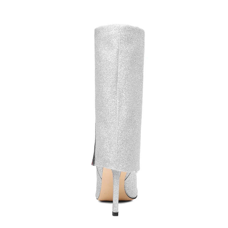 Hauts Tissu 2018 Bout Hiver Bling Chaussures Femme argent Bottes Femmes Mi Talons Silver mollet Wetkiss Glitter Boot Sequinted Pointu 5A3L4Rj