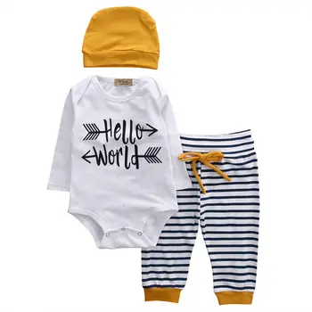 

Newly 3pcs Newborn Toddler Baby Clothes Long Sleeve Romper Tops+Striped Pants Leggings+Beanie Outfits Set Size 0-18M