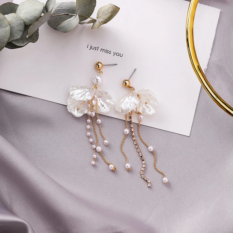 

2019 New Imitation Shell Pearl Earrings Petal Rhinestone Chain Long Tassel Drop Earring for Women Fashion Accessories Jewelry