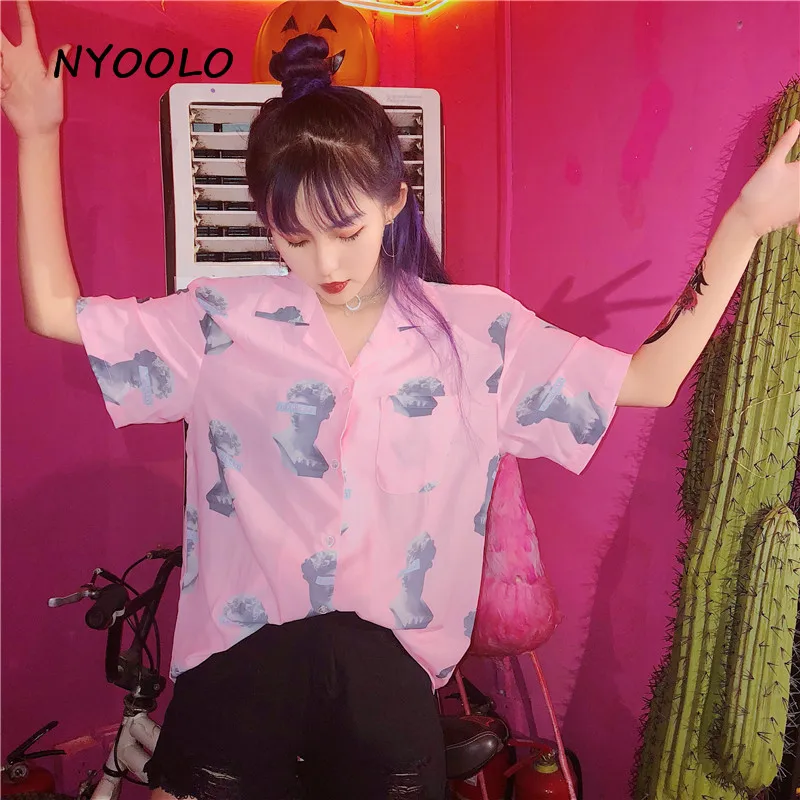 NYOOLO Harajuku, винтажная рубашка бойфренда с принтом статуи пистолета, Повседневная Уличная рубашка с коротким рукавом, Женская/Мужская одежда, летние топы