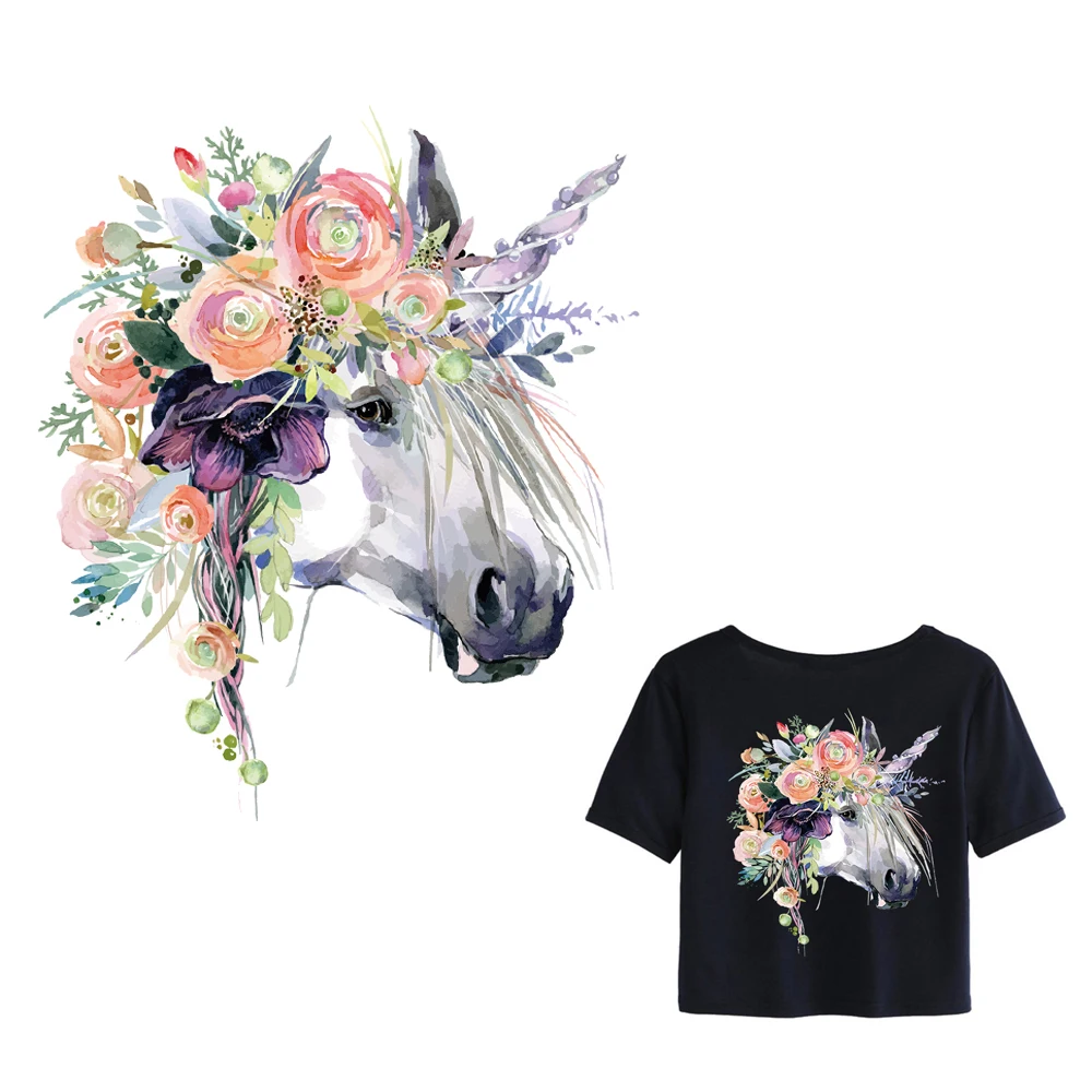 

1PC horse flowers Style Patch Heat Transfer Iron On Patch A-level Washable Clothes Stickers Easy Print By Household Irons