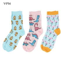 VPM/3 пары/партия, теплые женские носки, сезон осень-зима, разноцветные забавные носки с рисунками милых животных, собак, кошек, лисы, динозавров