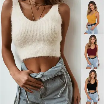

BKLD 2018 Fashion New Autumn Women Knitted Crop Top V-neck Vest Sweater Tops Solid Sleeveless Short Sweater Women