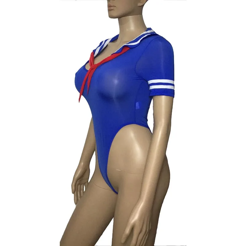 

Sexy Japanese School Girl Skinny Glossy Blue High Cut Leotard Open Crotch Bodysuit Sailor Uniform Costume Babydoll Lingerie
