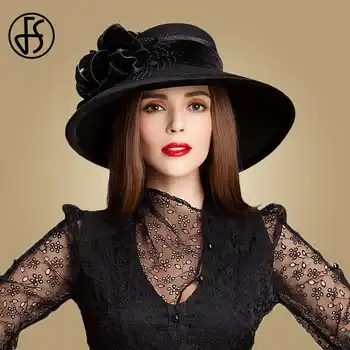 FS 100% Wool Church Hats For Black Women Elegant Autumn Winter Large Wide Brim Fedora Ladies Felt Bowler With Flower Cloche Hat - Category 🛒 Apparel Accessories