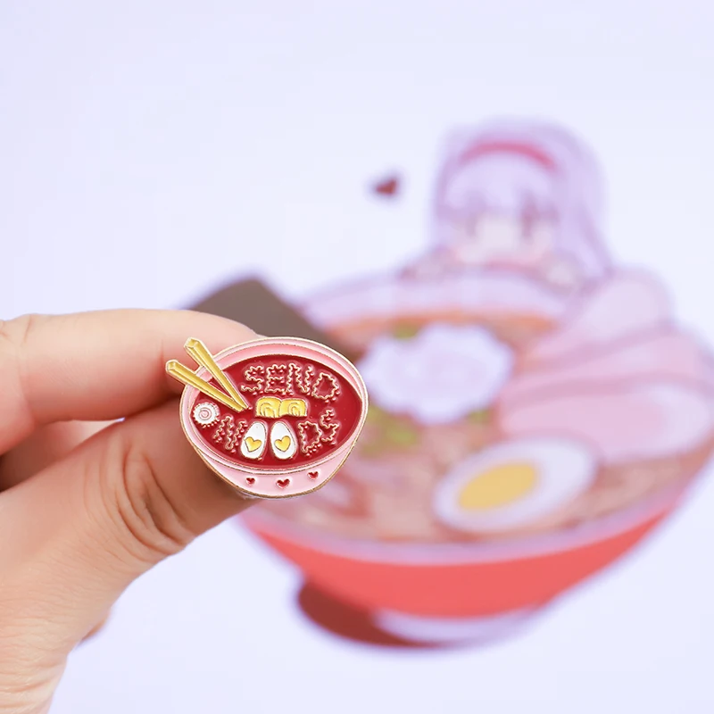 

Cute Heart Egg Soup Noodle Cartoon Japanese ramen Pin Metal Clothes Bag Enamel Lapel Pins Funny Brooch for Women Men Jewelry