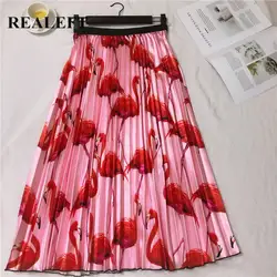 REALEFT/Новое поступление, летние женские элегантные гофрированные длинные юбки с принтом фламинго, высокая талия, Harajuku, фатиновые юбки