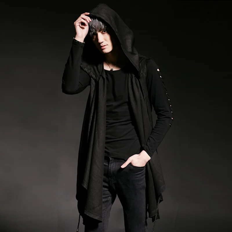 

Men personality nightclub singer punk hiphop hooded vest gilet korean sleeveless jacket cloak mens hip hop long waistcoat colete