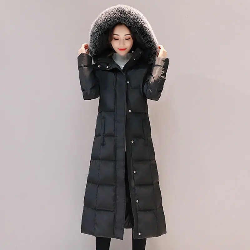 VANGULL теплые зимние однотонные женские парки, новинка, Длинная женская повседневная куртка, пальто с капюшоном на молнии, плотные пальто, верхняя одежда с меховым воротником - Цвет: Black