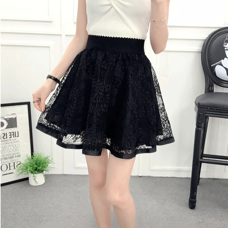 

2018 New Summer Women Black Mini lace Skirt Korean Elastic High Waist Skirt Shorts Sweet Mesh Tulle Umbrella Skirt Falda Tu