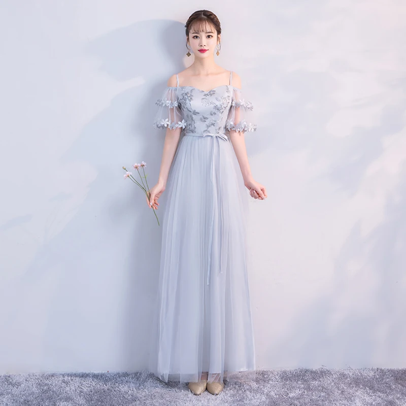 

Floor-Length Embroidery Women Wedding Party Dress Grey Colour Bridesmaid Dress Long Prom Dress