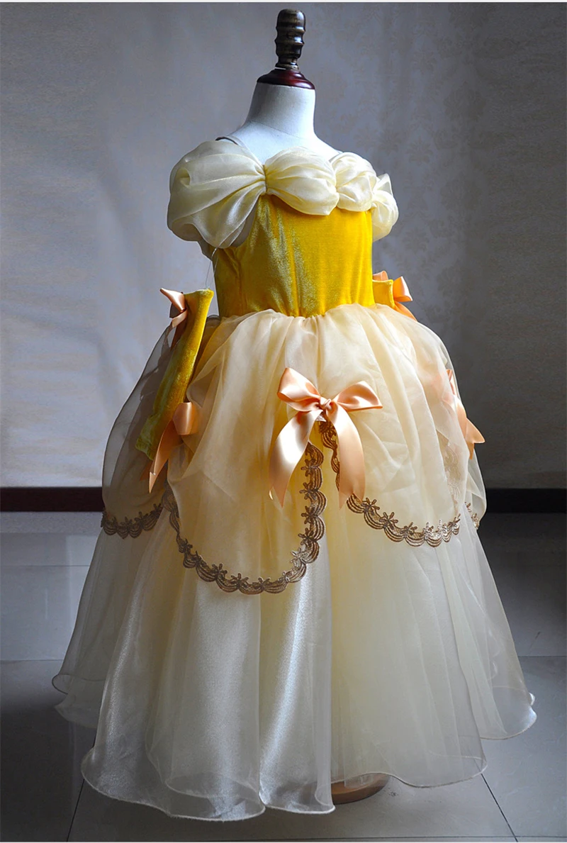 Высококачественное платье принцессы Белль для девочек Детские Желтые Вечерние платья Бальные Длинные платья для выпускного бала карнавальный костюм красавицы и чудовища