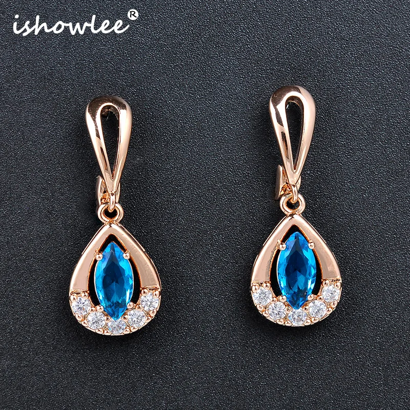

ISHOWLEE 585 Rose Gold Blue Water Droplets Earrings Korean Fashion Jwelry for Women Cubic Zircon Earrings Elegant Jewelry esp23