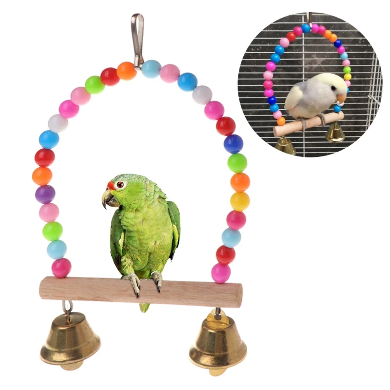

HOT Natural Wooden Birds Perch Parrots Hanging Swing Cage With Colorful Beads Bells colorful beads