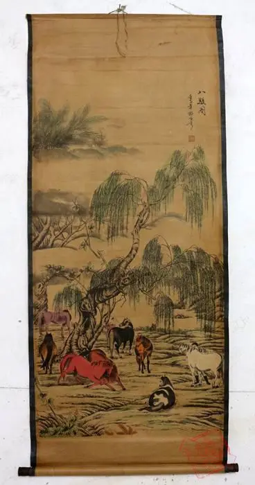 Редкая старая китайская живопись QingDyansty восемь лошадей изысканный дизайн ручная
