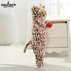 Жираф Kigurumi Детские Onesie милый длинный рукав с капюшоном фланель мягкий теплый мультфильм пижама для животных младенческой боди Коричневый