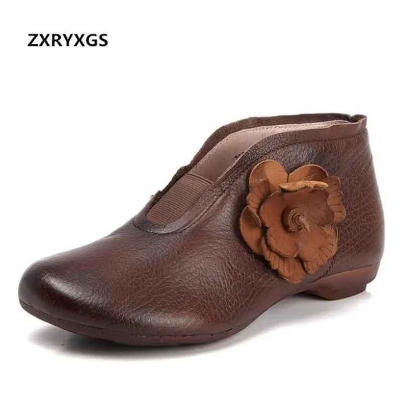 

ZXRYXGS Brand Shoes Woman Handmade Retro Flowers Ankle Boots 2018 New Full Genuine Leather Boots Flat Soft Comfort Women Boots