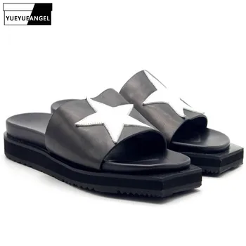 

Summer Men Loafers Slippers Med Irregular Platform Flats Slides Star Spliced Top Quality Genuine Leather Unisex Beach Slippers
