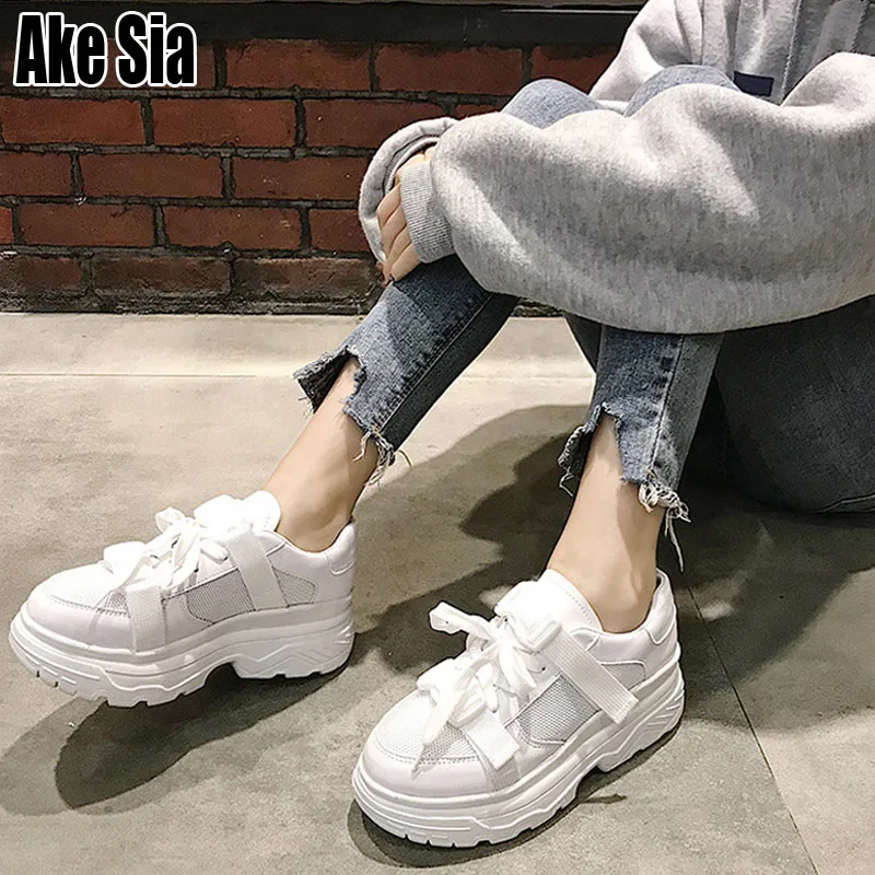 

Ake Sia New Thicken Soled Female Women Fashion Casual Lady Lace-Up Plimsolls Chaussure Waddle Flat Platform Leisure Shoes A152