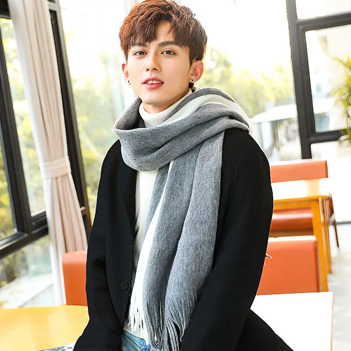Новинка, зимний мужской шарф, черный, белый цвет, подходит для корейского производства, шарф, мужской, вязаный, шерстяной, с кисточками, длинный, для молодых