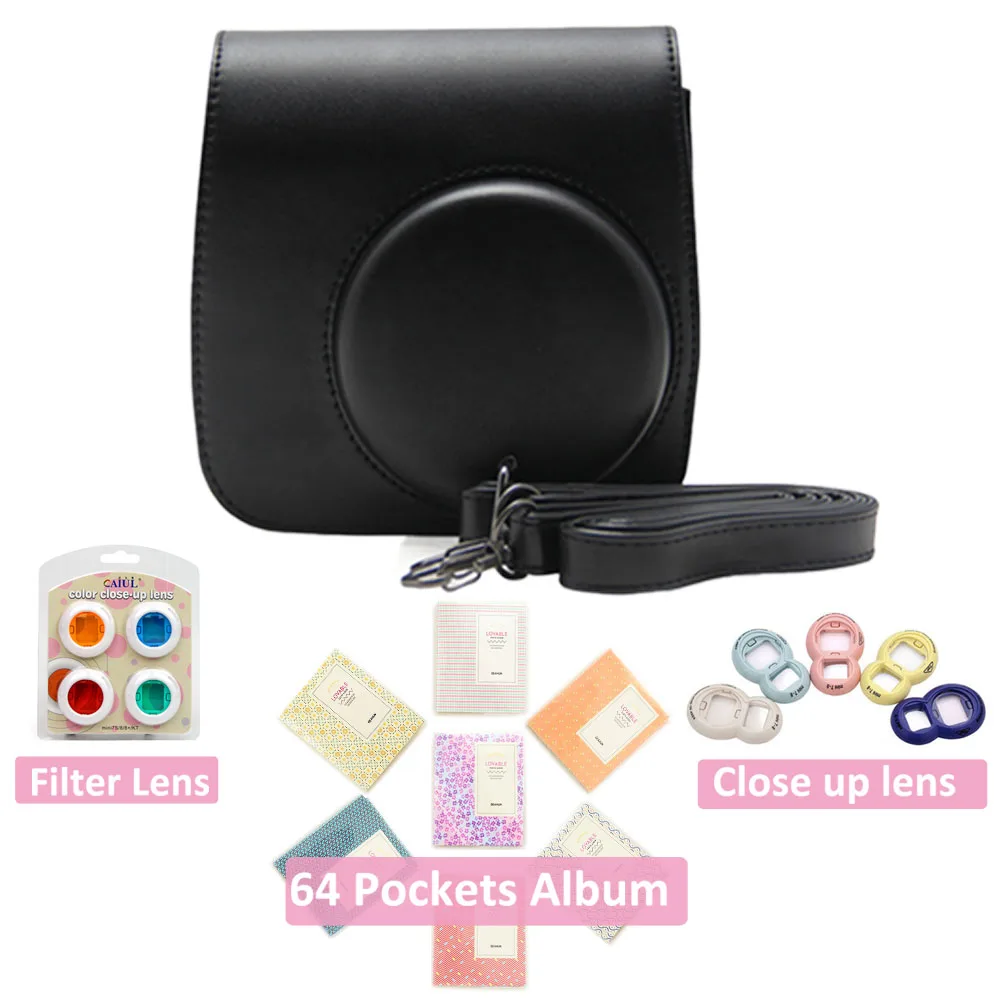Сумка-чехол из искусственной кожи с плечевым ремнем для Fujifilm Instax Mini 8 Mini 9 камера моментальной печати+ фильтр+ альбом+ объектив для селфи - Цвет: Black Bag Set