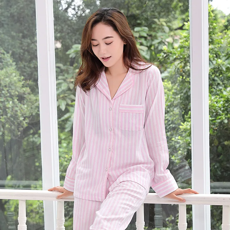 

Promotion Spring Women Long Home Wear Striped Pajamas Turn-down Collar Sexy Home Clothes Long Sleeve Loungewear Pink Pijamas