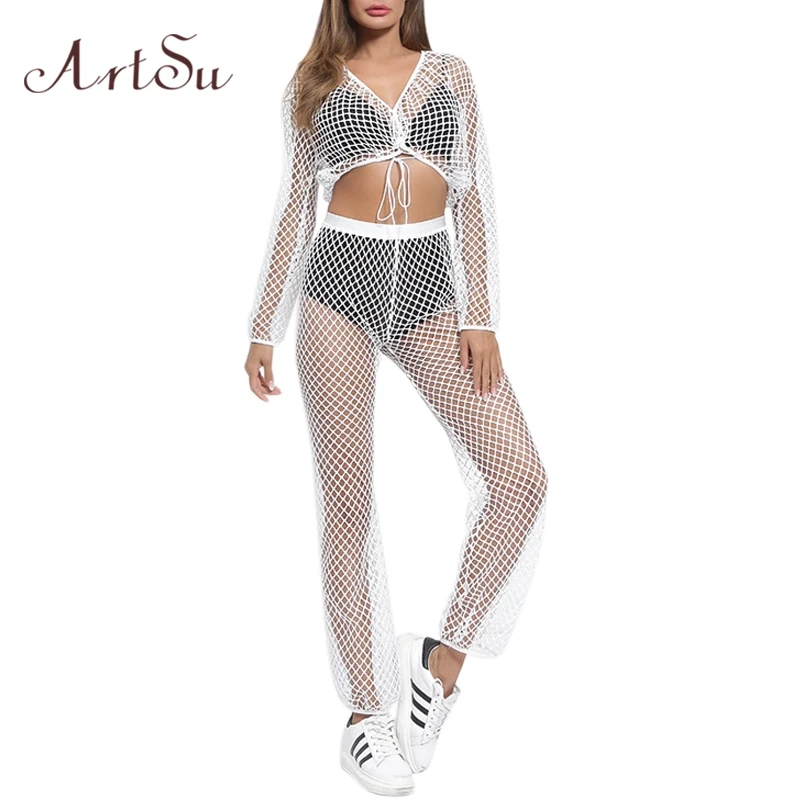 

ArtSu White Mesh 2 Piece Set Women Sets Sexy Hollow Out Long Sleeve Crop Top Two Piece Set Pants Suits Tracksuit ASSU20226