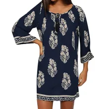 CHAMSGEND женская летняя пляжная юбка с принтом и восьмиконечными рукавами, вечерние мини-юбки в ретро стиле, модное повседневное элегантное свободное платье