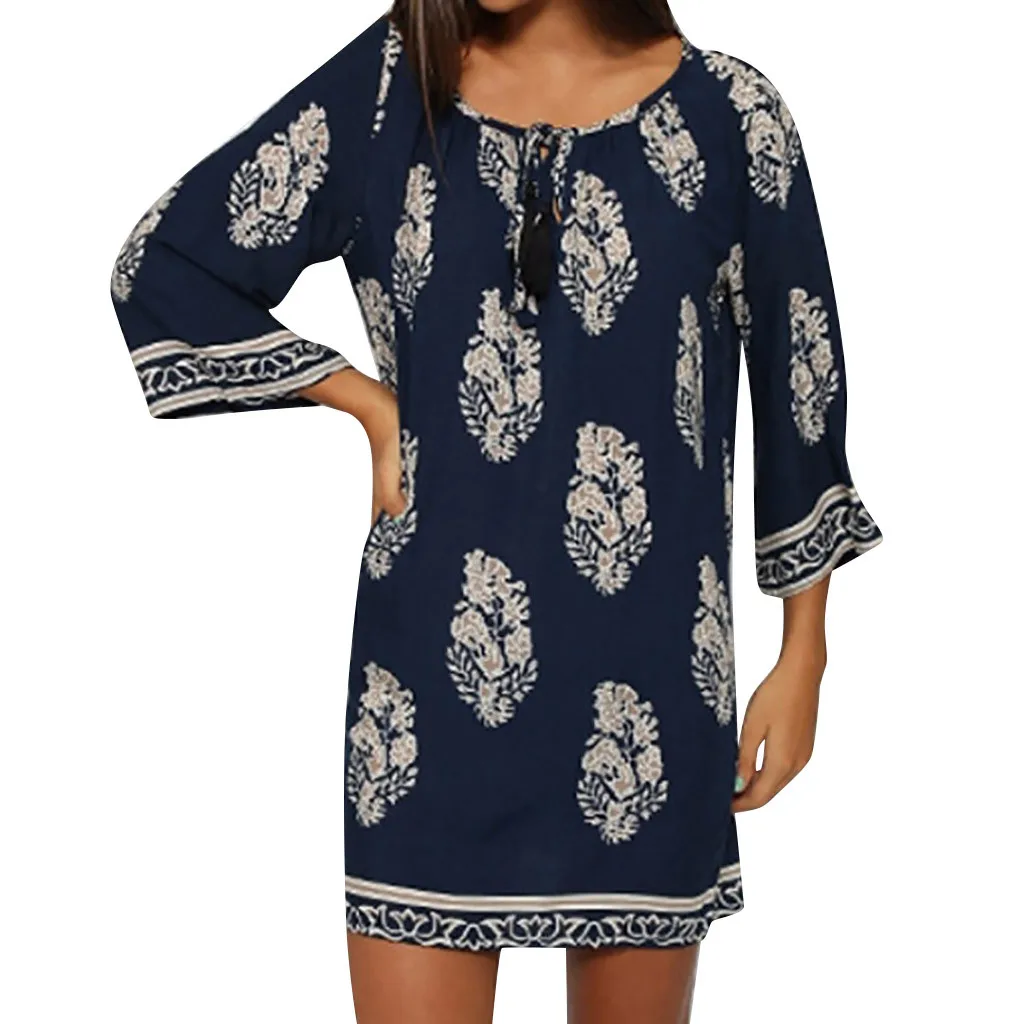 

CHAMSGEND Women's Summer eight-point sleeve print beach skirt party beach mini skirt retro fashion casual elegant loose dress