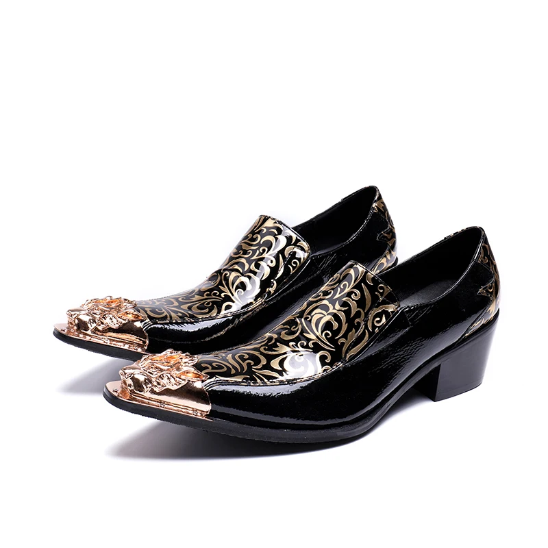 

Eunice Choo Gold Silver Floral Prints Men Formal Shoes Lion Metal Toe Patent Leather Slip On Loafers Chunky Heels Dress Shoes