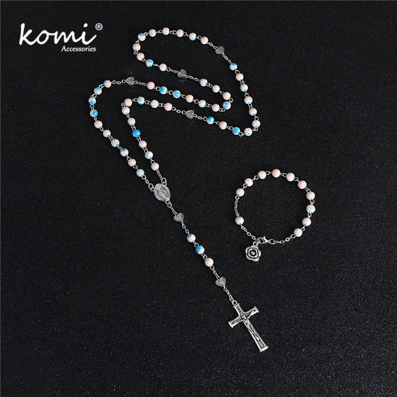 

KOMi New Fashion Hand Cross Pendant Ceramics Bead Necklace Bracelet Set Catholic Rosary Jesus Alloy Chain Jewelry Gift R-118