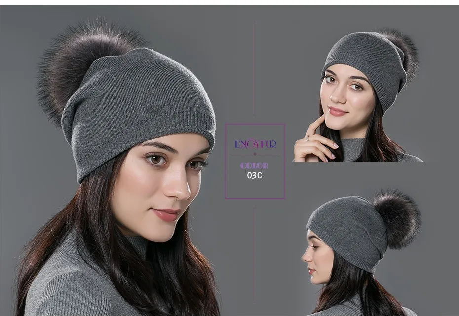 Bonnet en laine chaude et son pompon en fourrure