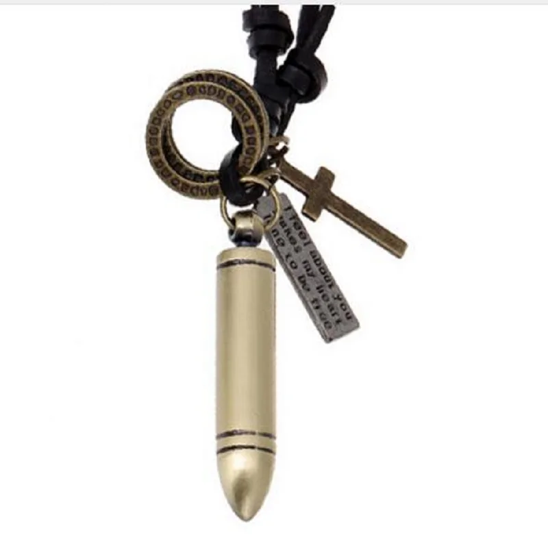 

Punk Rock Design Antique Bullet Cross Dog Tag Mens Necklace Pendants Charm Long Leather Choker Necklace Cord Handmade Jewellery