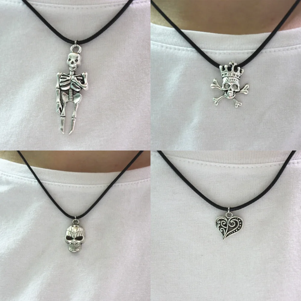

Punk Style Leather Necklaces For Mens Womens Retro Silver Love Heart Skeleton Pendant Necklace Fashion Jewelry Birthday Gift