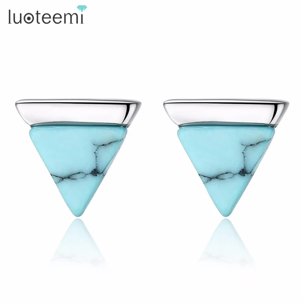 

LUOTEEMI Classic 925 Sterling Silver Stone Stud Earrings for Women Triangle Natural Stone Women Earring Jewelry