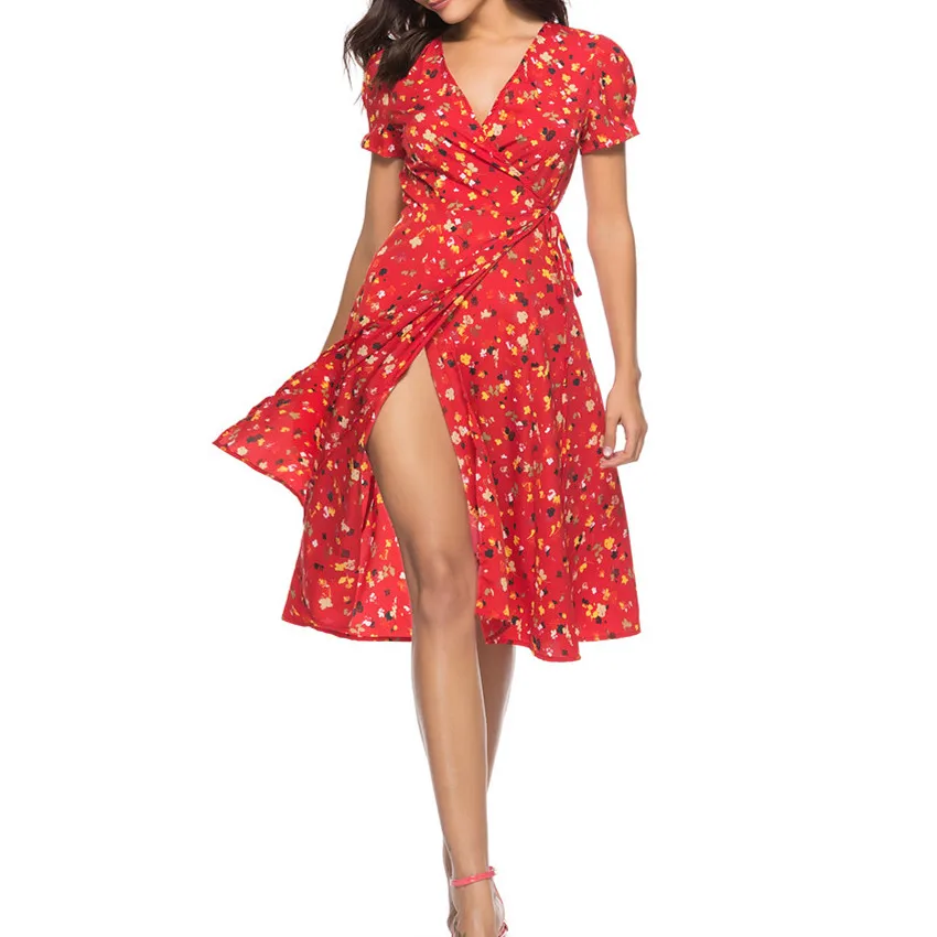 

Summer Flower Dot Print Wrap Dress Women Short Sleeve Chiffon Beach Dress Korean Fashion Work Vestidos V Neck Party Midi Dress