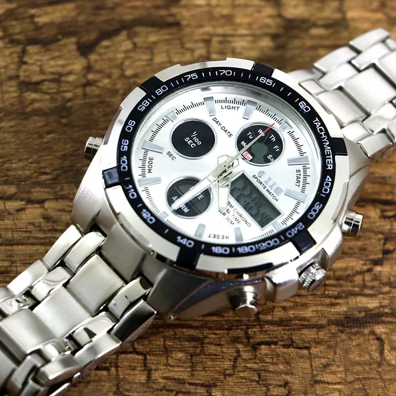 Skup Męskie zegarki najwyższej jakości zegarek cyfrowy mężczyźni zegarki wojskowe pełny stalowy podwójny wyświetlacz zegarki na rękę Relogio Masculino