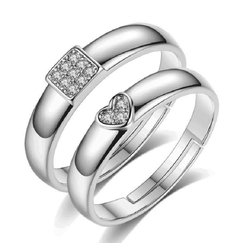 

GR.NERH 2 Pcs Ring Cubic Zirconia Ring Fashion White Gold Colour Jewelry Romantic Square & Heart Ring