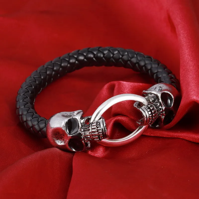 

Titanium Steel Skull Head Bracelets Genuine Leather Bracelet Homme Charms Cuff Bracelet Wristband Punk Men's Jewelry Wholesale